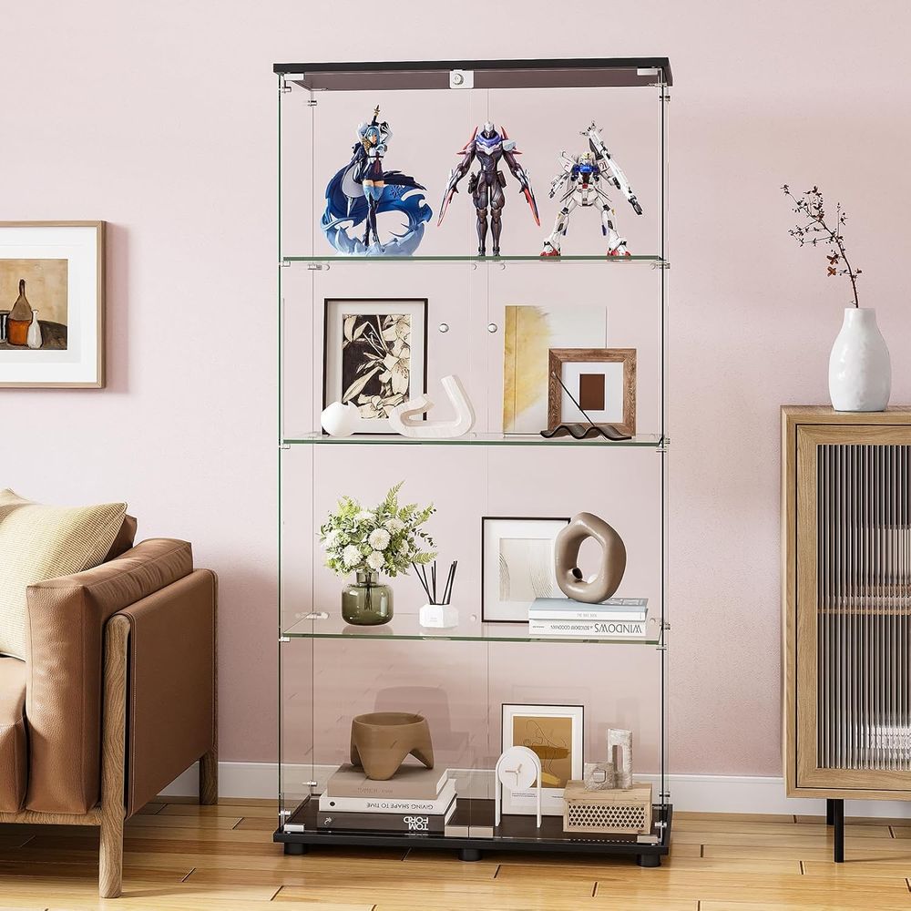 Glass Cabinet Display - 4-Shelf Double Door Lockable Glass Display