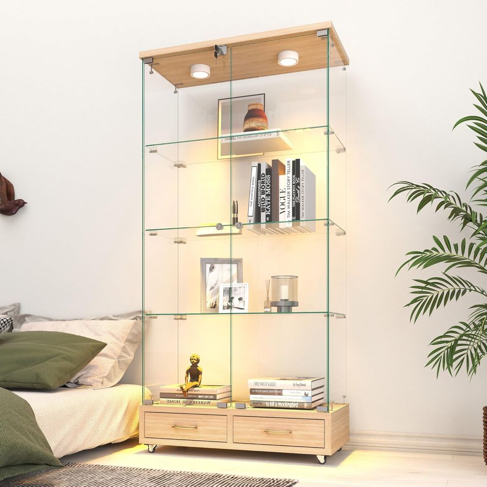 Glass Cabinet Display - 4-Tier Glass Cabinet with LED Lights,